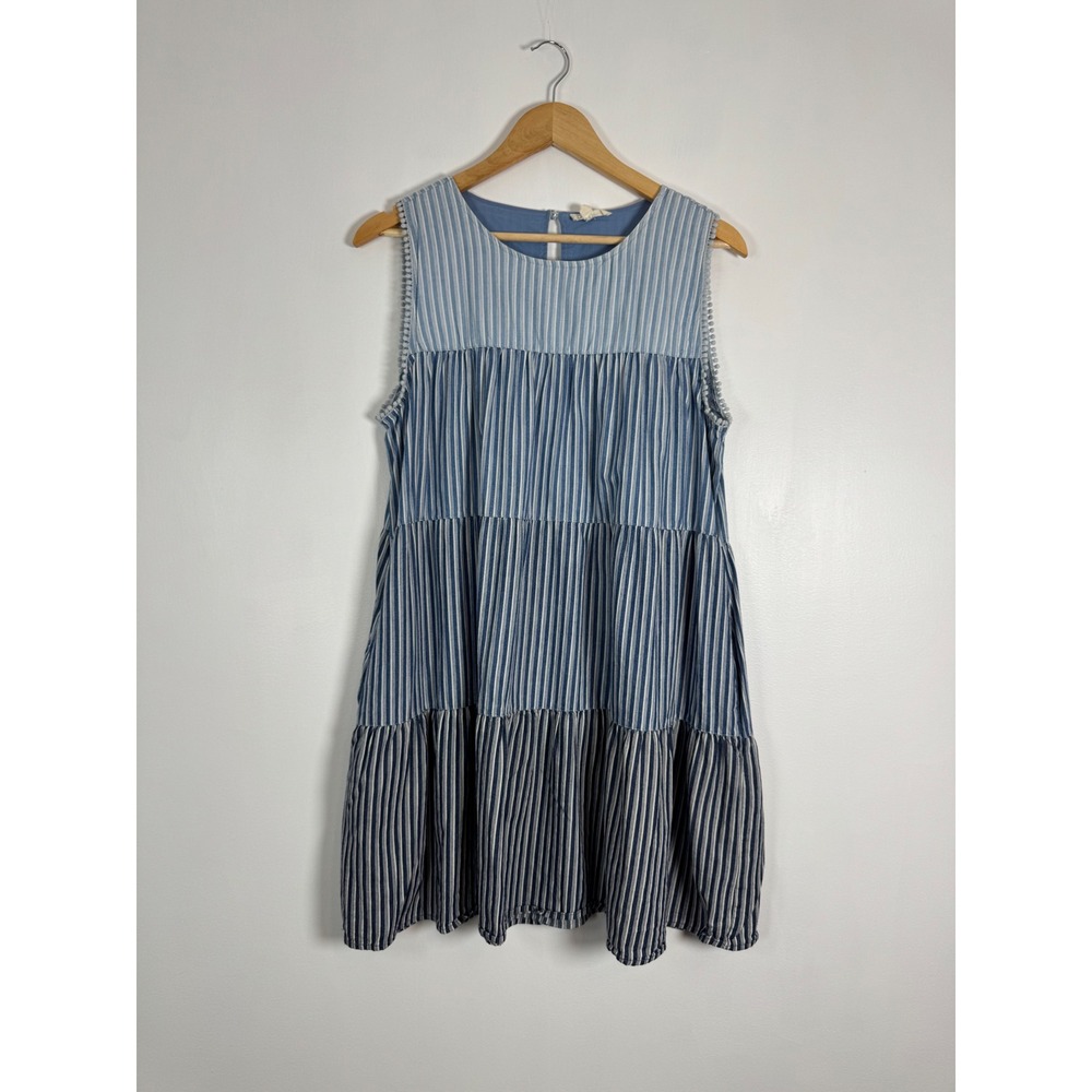 Boho Coastal Cotton Bleu Women Small Tiered Mini Dress Blue Striped Pom Pom Trim